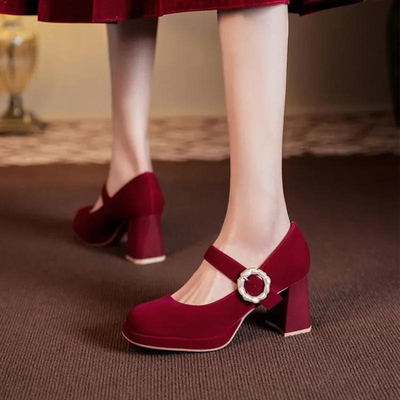 Мода 2024 Мода Туфли Мэри Джейн Женские Туфли на Высоком Каблуке Платья Однотонный Ремешок с Пряжкой Высокие Каблуки Zapatos De Mujer