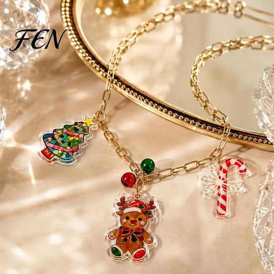 Decorative Holiday Jewelry Christmas Charms Necklace for Women, Cute Elk Tree Candy Cane Pendant with Bells, Festive Alloy Party Outfit Gingerbread