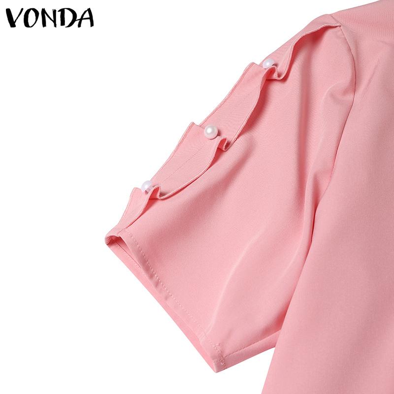 VONDA Женская летняя повседневная однотонная свободная блузка с круглым вырезом и жемчугом в виде листьев лотоса и короткими рукавами