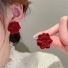 Autumn Winter Vintage Fashion Simple Cute Wine Red Velvet Rose Flower Stud Earrings for Women Elegant Jewelry Daily Accessories