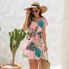 Summer Floral Printing Drawstring Dress V-neck Short Sleeve Vacation Casual Loose Fitting  Short Dress