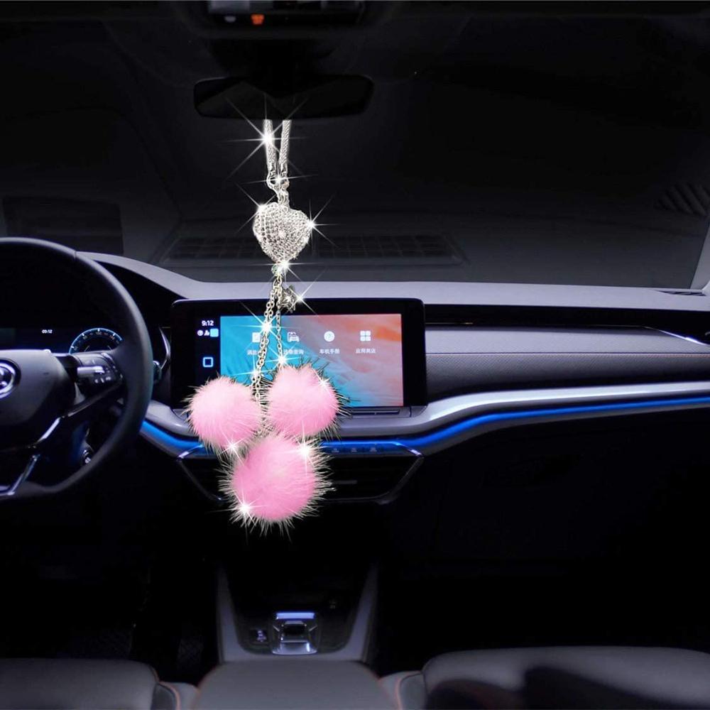 Rearview Mirror Bling  Car Charm Car Crystal Pendant Car Hanging Ornaments Pink Plush ball
