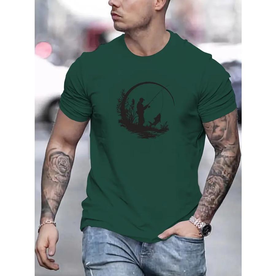Мужская футболка с графическим принтом для рыбалки - Базовая футболка с круглым вырезом из 100% полиэстера, слегка тянущаяся, однотонная, летний повседневный топ из трикотажной ткани