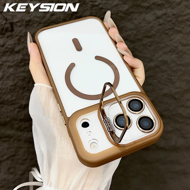 KEYSION Magnetic Transparent Phone Case for MagSafe for iPhone 15 16 Pro Max 16 Plus 16e Lens Protector Metal Stand Shockproof Cover