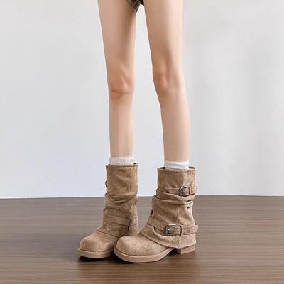 Оставь это себе~ Женские осенне-зимние ретро рыцарские ботинки Мартин на толстой подошве, ковбойские ботинки в западном стиле, плиссированные, с присборенным голенищем, на толстом каблуке, с широким голенищем, короткие