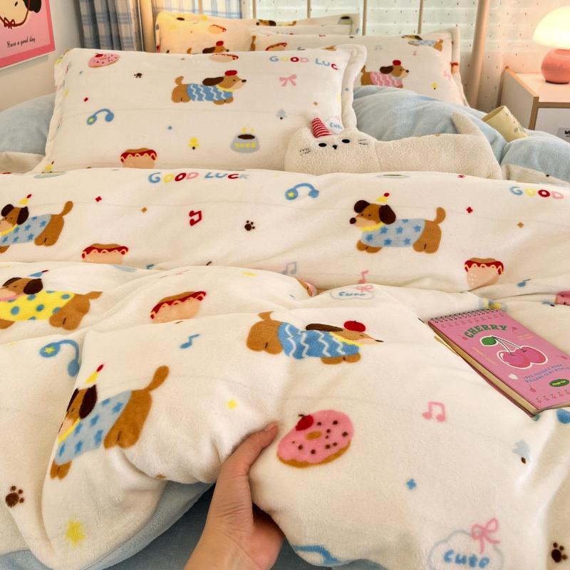 Winter Thickened Milk Fleece Bed Four-piece Set New Coral Fleece Flannel Single Quilt Cover Bed Sheet Three-piece Set Bedding