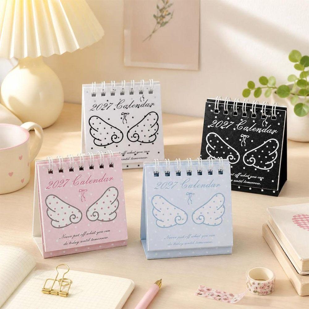 Paper Tabletop Calendar Spiral Bound Angel Wing Pattern Spiral Desk Calendar Standing Star Pattern Mini Desk Calendar