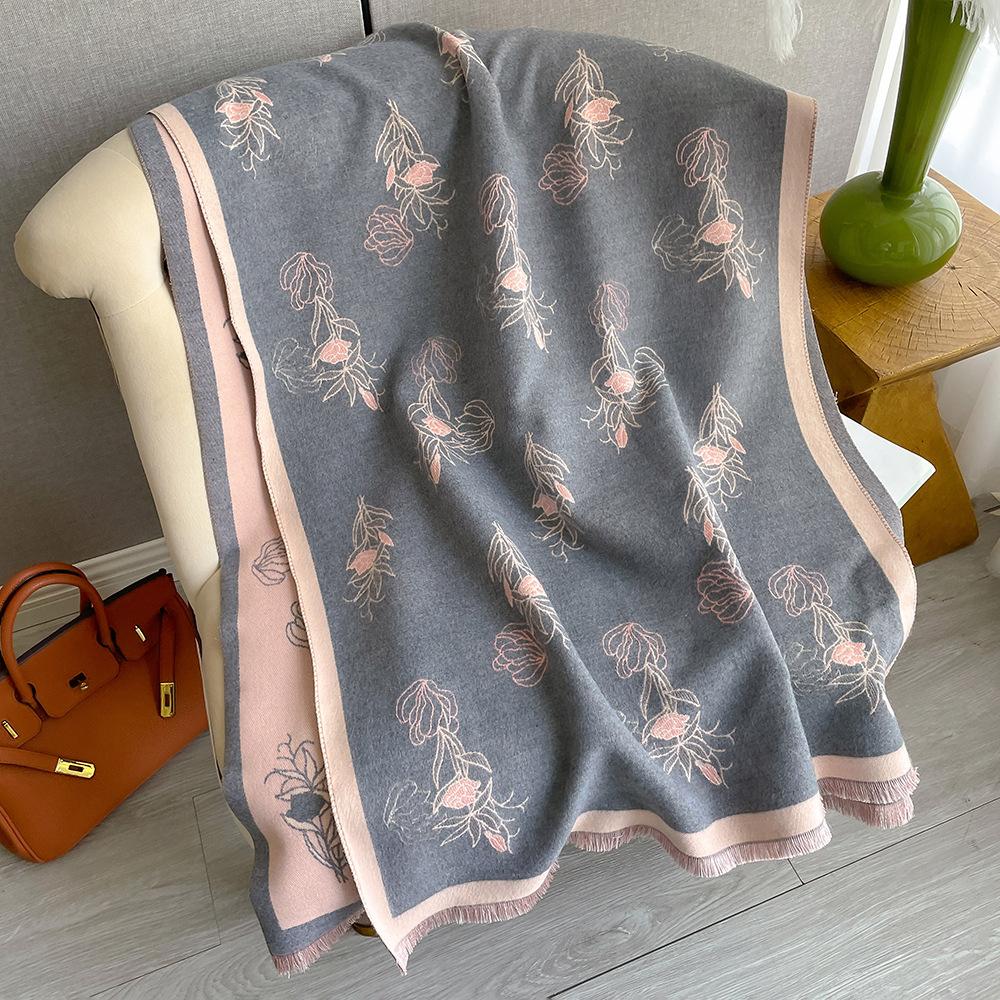 Korean Version Printed Imitation Cashmere Scarf Women'S Winter Double-Sided Thickened Neck Protection Scarf Air Conditioner Shawl
