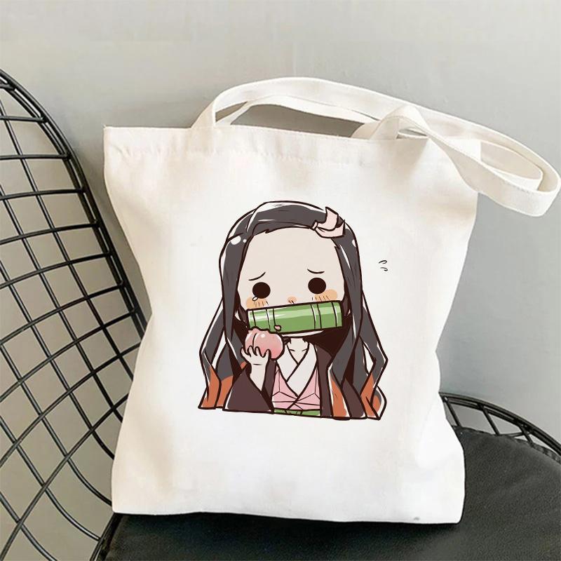 Kawaii Demon Slayer Kimetsu No Yaiba Аниме Сумка-шоппер Большая сумка Сумка для покупок Дорожная парусиновая сумка Pacakge Ручная сумка Белая пляжная сумка
