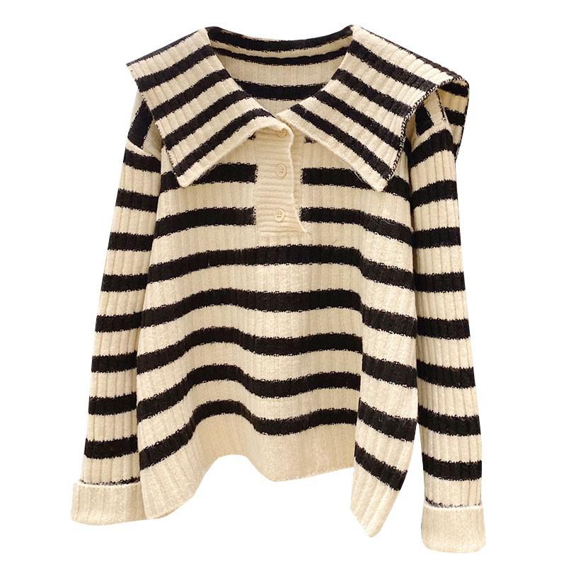Women's 2024 Hot Style Thickened Striped Sweater with Navy Collar - Lazy Niche Design for Autumn and Winter