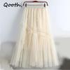 Sweet Bow Women A Line Tulle Ruffle Skirt Wide Hem Mid Length Elastic Waist Casual Skirt QT2655