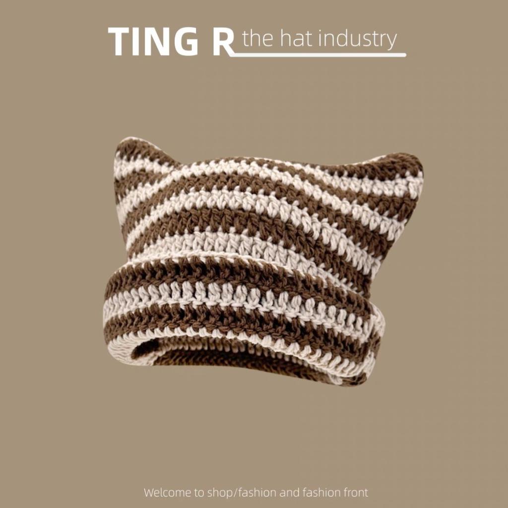 Y2K Knitted Cute Cat Ears Beanie Hats for Women Winter Warm Striped Korean Punk Gothic Streetwear Handmade Crochet Bucket Cap