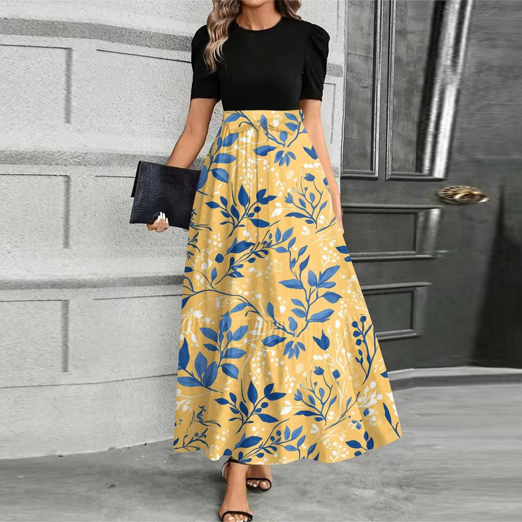 Женское модное повседневное платье с поясом, коротким рукавом, круглым вырезом и принтом, элегантное и темпераментное