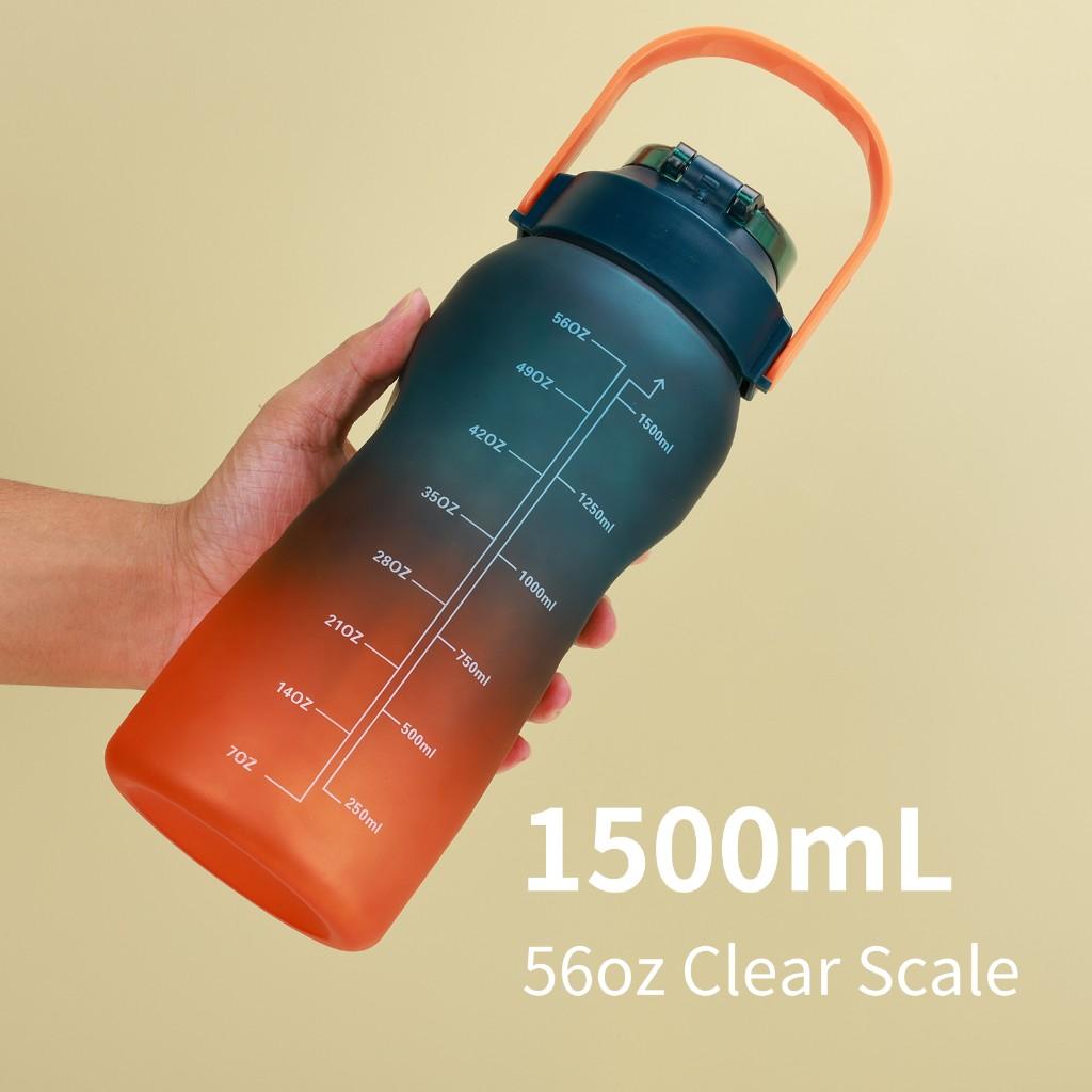 1500mL Water Bottle with Marker Straw Handle Leakproof Large Capacity Water Bottle Reusable Water Jug for Hiking Travel Outdoor Sports Gym Fitness