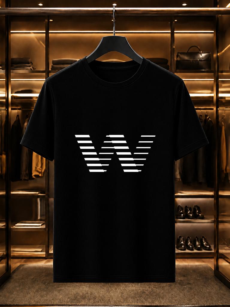 2026 New Arrival 100 Cotton Tshirt Strip Splicing Creative Big W Letter Minimal Print Crew Neck Casual Short Sleeve