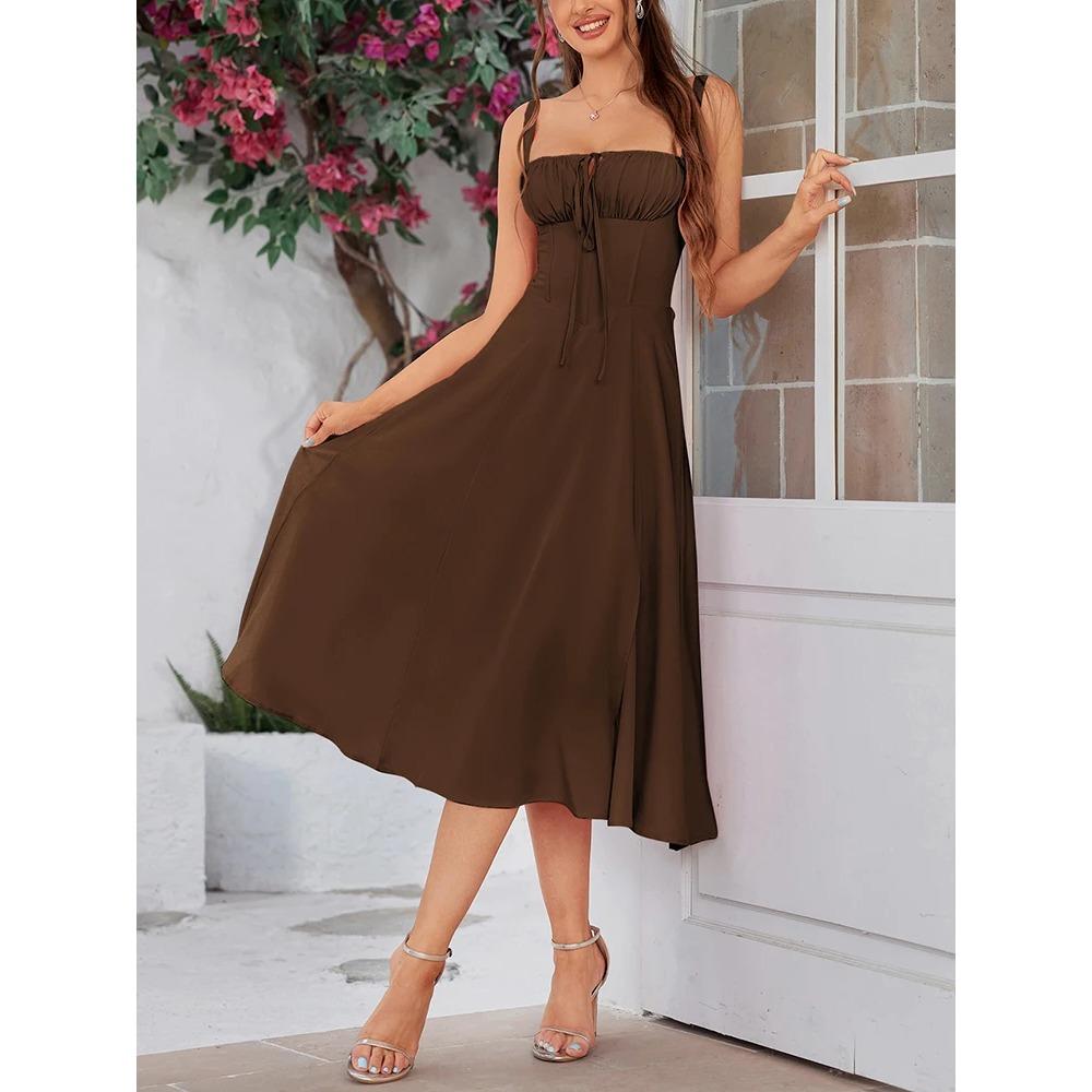 Summer Sweet Solid Sleeveless Long Dress Women Fashion Bandage Camisole Dresses Padded Boned Robe Elegant Party Vestidos