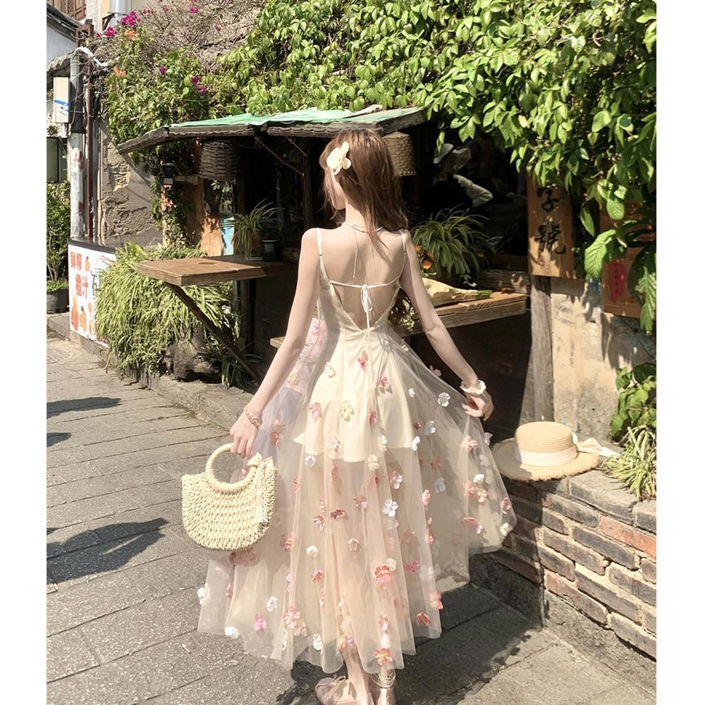 Summer Beautiful Vacation Wind Mesh Princess Fairy Long Skirt French Romantic Three-dimensional Flower Suspender Dress Woman