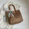 Minimalist Solid Color Straw Design Shoulder Bag, Solid Color Summer Holiday Use Handbag With Scarf Decor