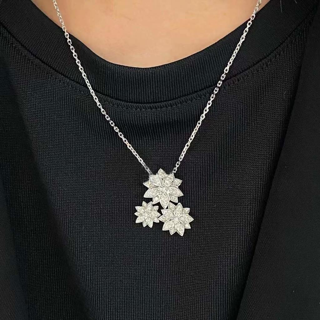 New Hot Brand Vintage Necklace  Luxury Jewelry For Women Lotus Zircon 3 Flowers Pure 925 Sliver Fashion Party Chain Necklace