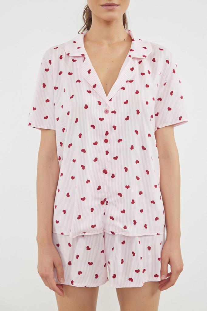 Women's Fashion Pink Striped Heart Patterned Viscose Woven Pajama Set