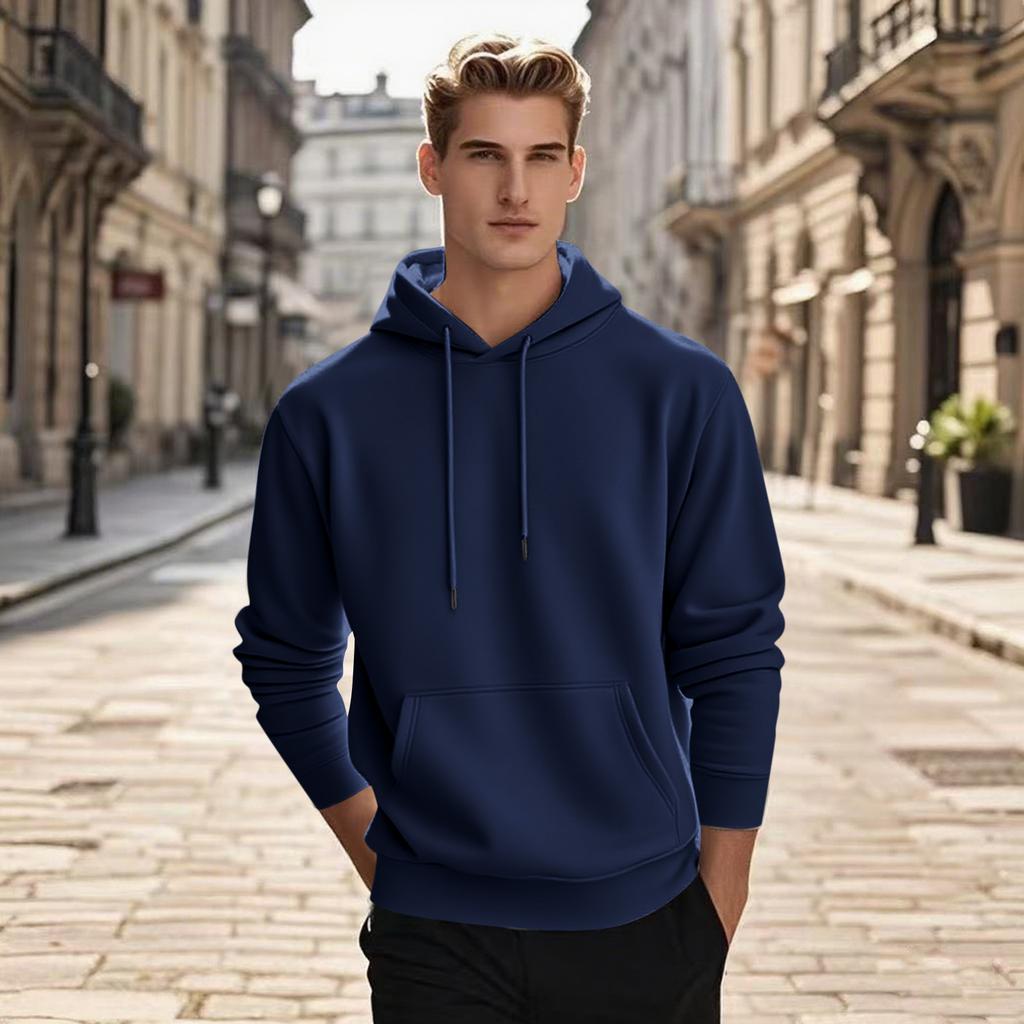 Men's Pullover Hooded Sweatshirt Solid Color Round Neck Loose Hoodie Long Sleeve Top