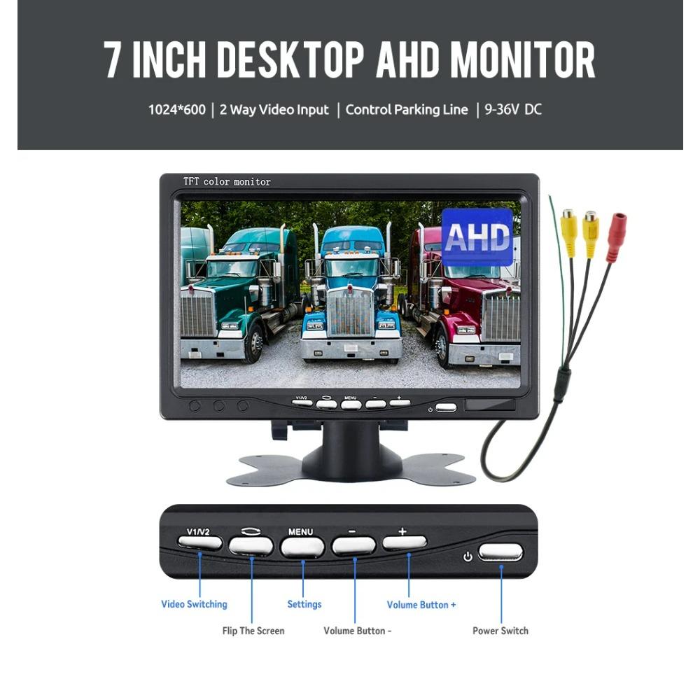 Автомобильный AHD монитор с 2-канальным видеовходом, 7-дюймовый TFT LCD дисплей 1024*600 для парковки камеры заднего вида автомобиля
