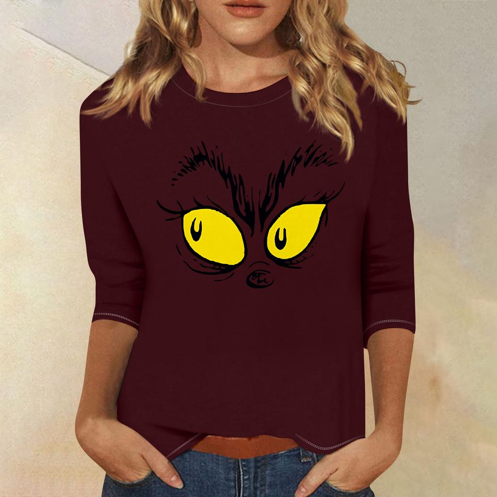 3/4 Sleeve Tops For Women T-Shirt Casual Christmas Print Tops T Shirt Round Neck Pullover Blouse