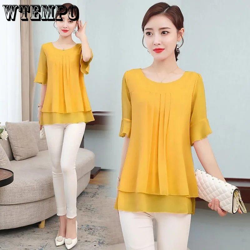 Chiffon Shirt Women Summer Large T-shirt Short Sleeve Solid Loose Top Casual Oversized T-shirt Korean Fashion Clothes for Women Shirts and Blouses