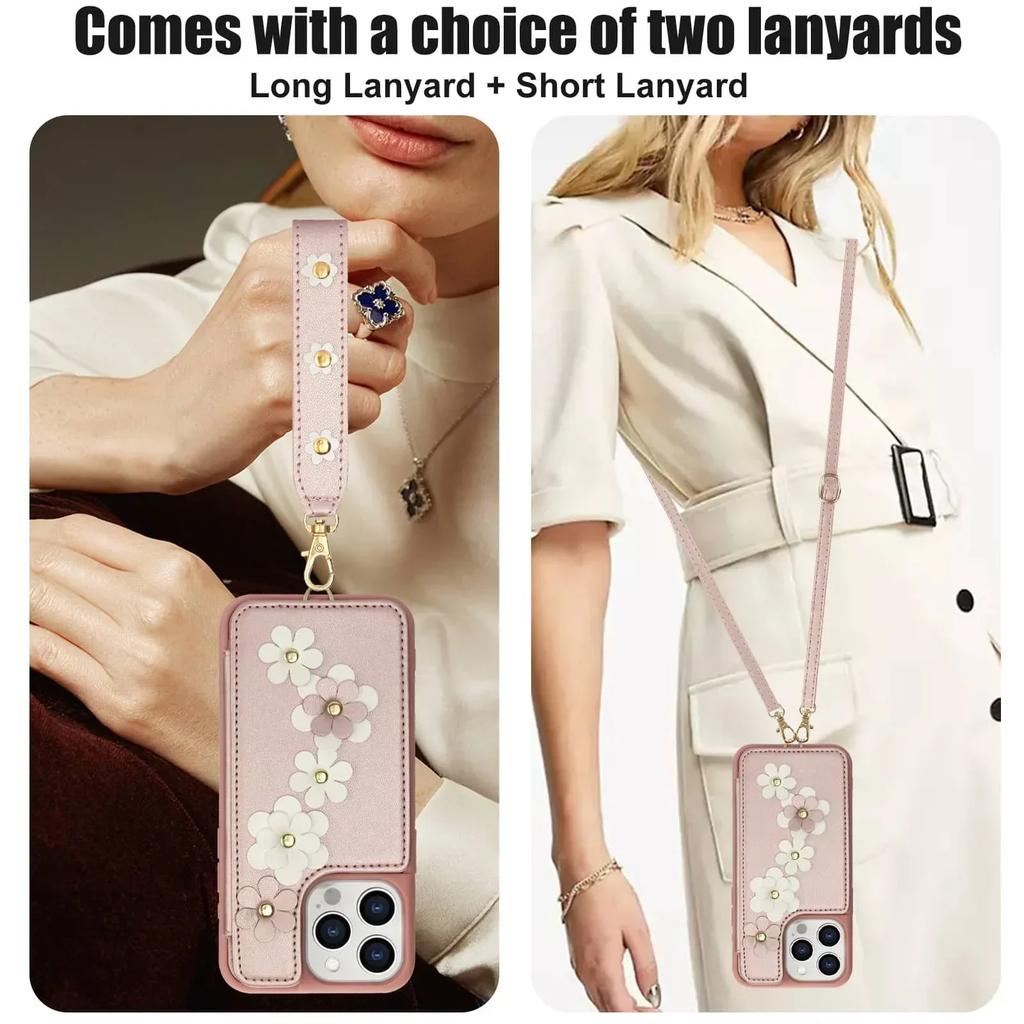 Wallet Case for iPhone 16 15 14 Pro Max Plus, Card Holder Crossbody Purse, Cute Flower Design, Magnetic Kickstand Phone Cover