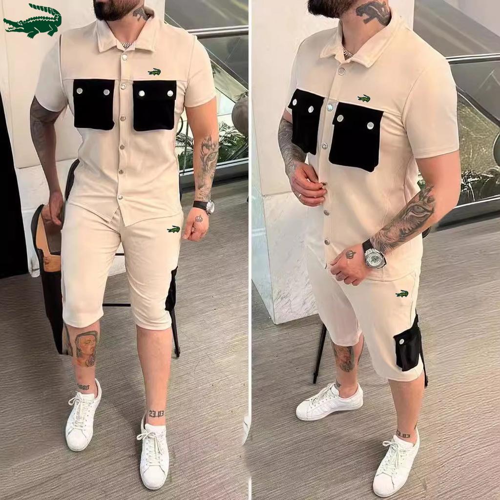 2024 весна/лето новая цветная мужская рубашка с вышивкой с коротким рукавом + шорты модный повседневный спортивный комплект