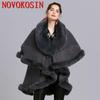 Winter Thick Black Grey Big Faux Rabbit Fur Neck Shawl Cape Warm Long 2 Layers Cardigan Poncho Women Loose Out Streetwear Coat