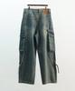 Deulouem Strap Washed Wide Cargo Denim Pants