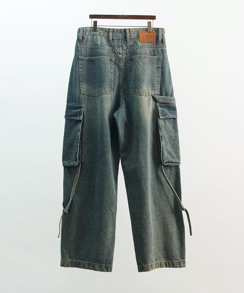 Deulouem Strap Washed Wide Cargo Denim Pants