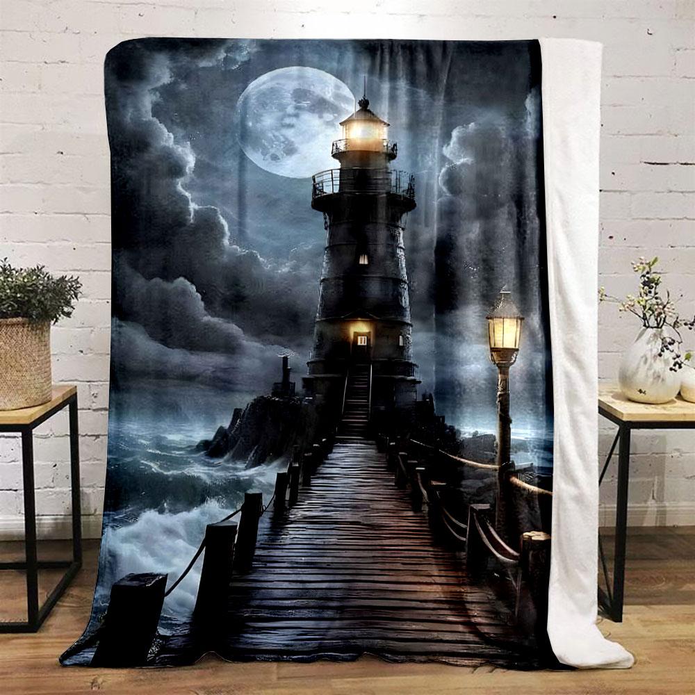 A lighthouse illuminates a wooden pier over rough seas under a full moon. for all seasons blanket lunch break throw gift