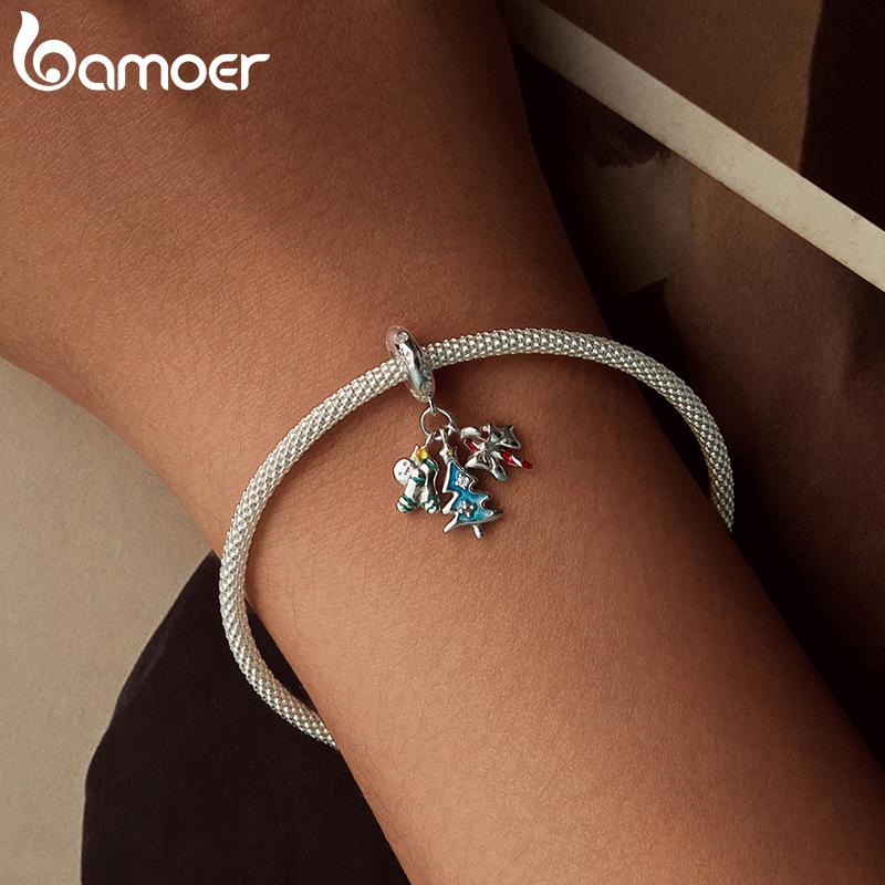 BAMOER S925 Серебро Рождественская Снежинка Снеговик Шармы Подходят для Оригинального Браслета DIY Шарм Bamoer для Изготовления Ювелирных Изделий Рождественский Подарок