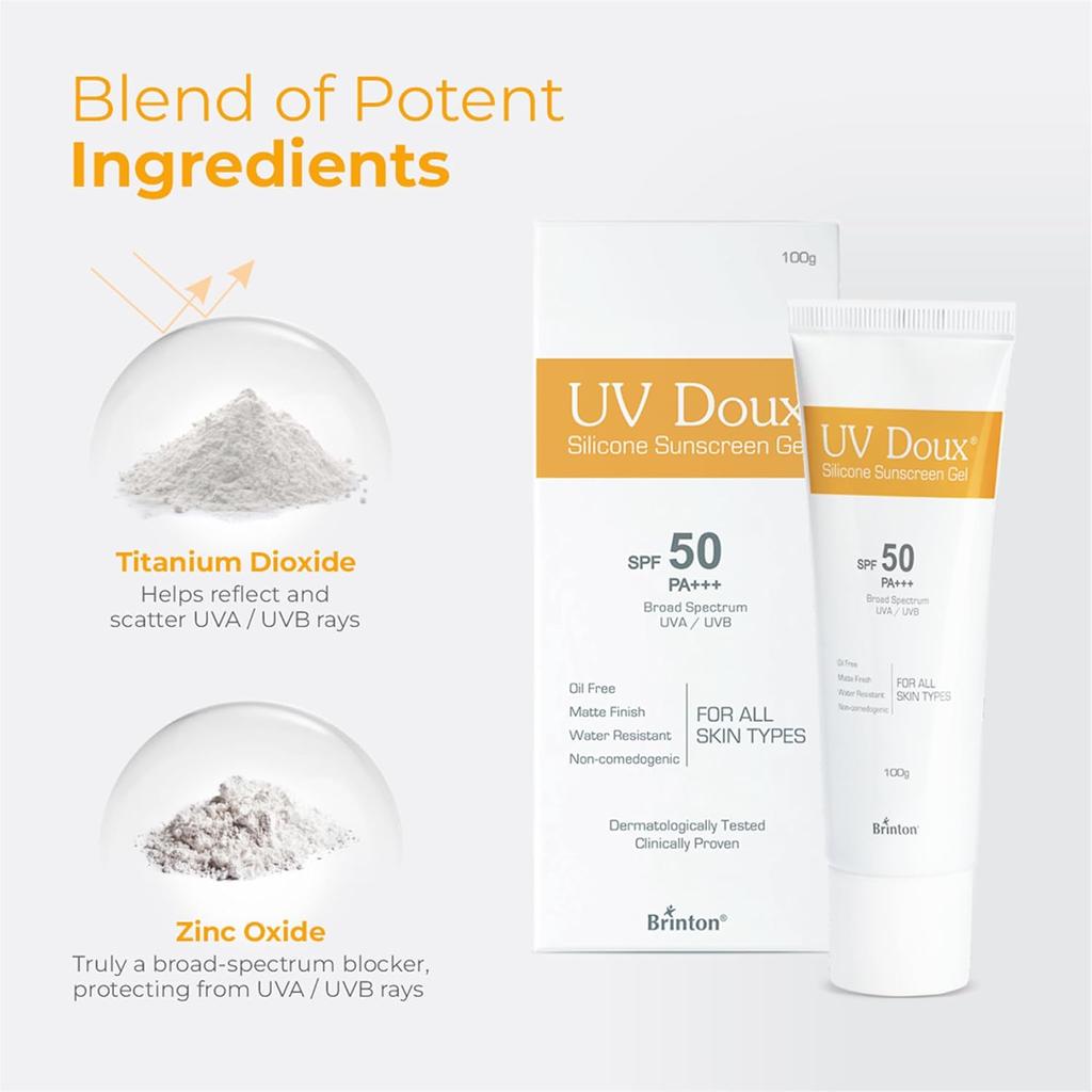 Brinton Солнцезащитный гель для лица и тела UV Doux SPF 50 PA+++ | Матовый, безмасляный, водостойкий | Защита от UVA/UVB-лучей | Для всех типов кожи | 100 г