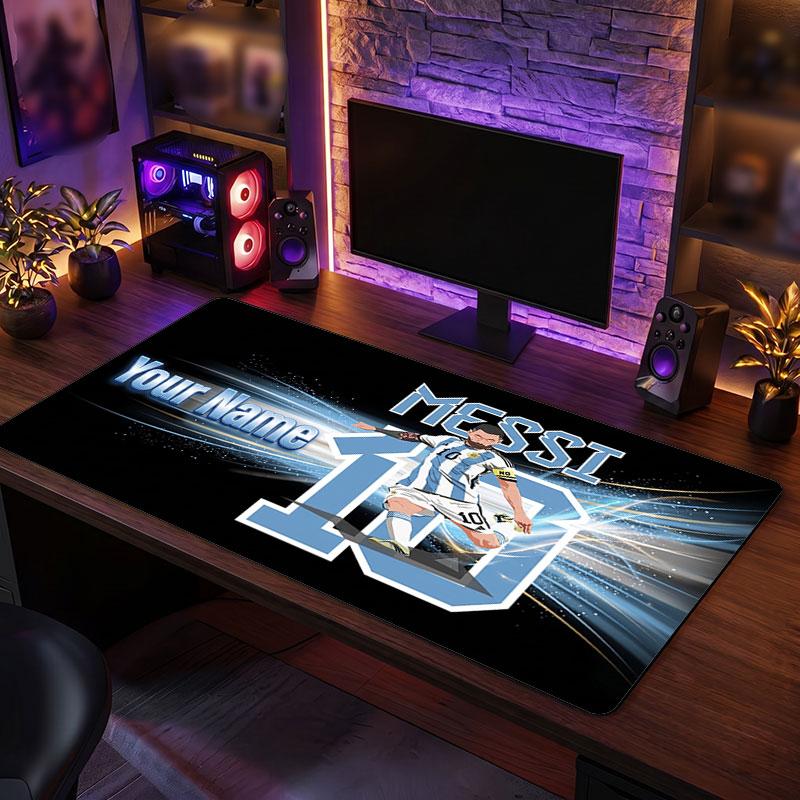 Lionel Messi Custom Large Mouse Pad, Personalized Name Text Print, Football Logo Non‑Slip Desk Mat Gaming Gift