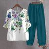 Женская футболка, брюки, комплект домашней одежды, наряд с цветочным принтом, круглый вырез, половина рукава, широкий топ