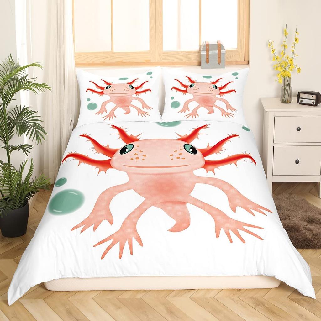 Мультяшный аксолотль Комплект пододеяльника King/Queen Size Детский Для девочек Мальчиков Милый Радужный Морская дикая природа Животное Рептилия Комплект постельного белья