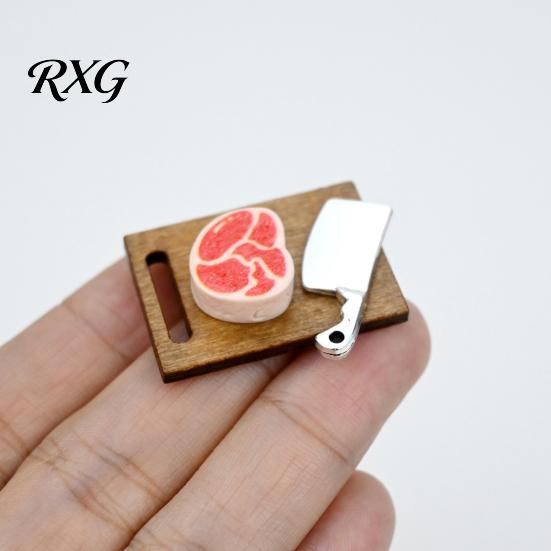Mini Steak And Knife Set 3Pcs/Set Cutting Board, Tiny Board Cleaver Steak, Doll Miniature Kitchen Counter Accessories Mansion Accessories, Realistic