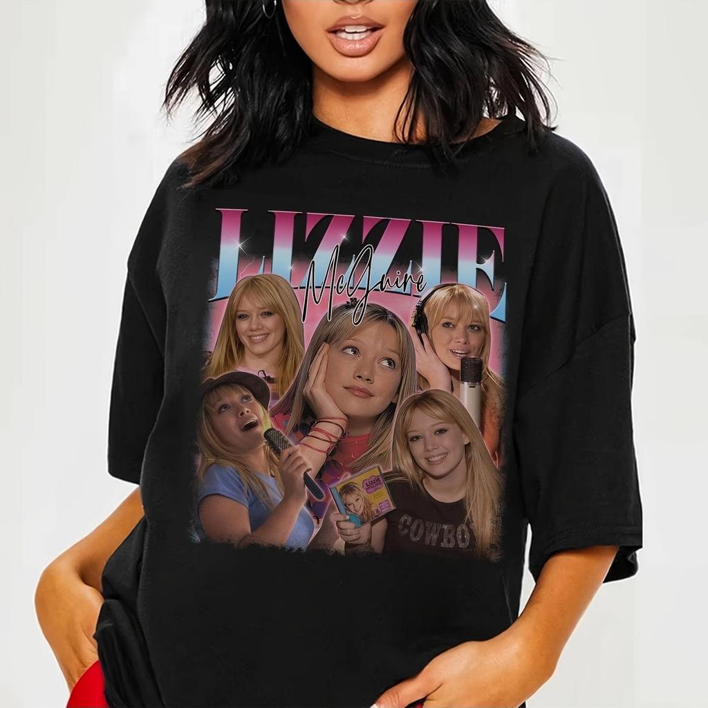 Liz McGuire 90s Retro Pattern Tshirt Black Casual Round Neck Tshirt Women Clothing T Shirt Women