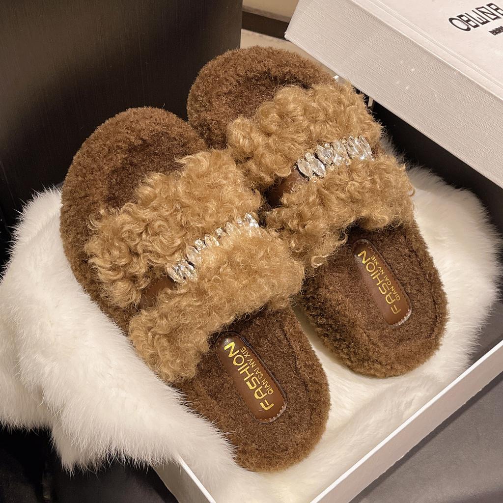 Lamb Wool Slippers Women's 2025 Autumn and Winter New Slope Heel Muffin Thick Bottom Outer Wear One Word High Heel Cotton Drag Tide