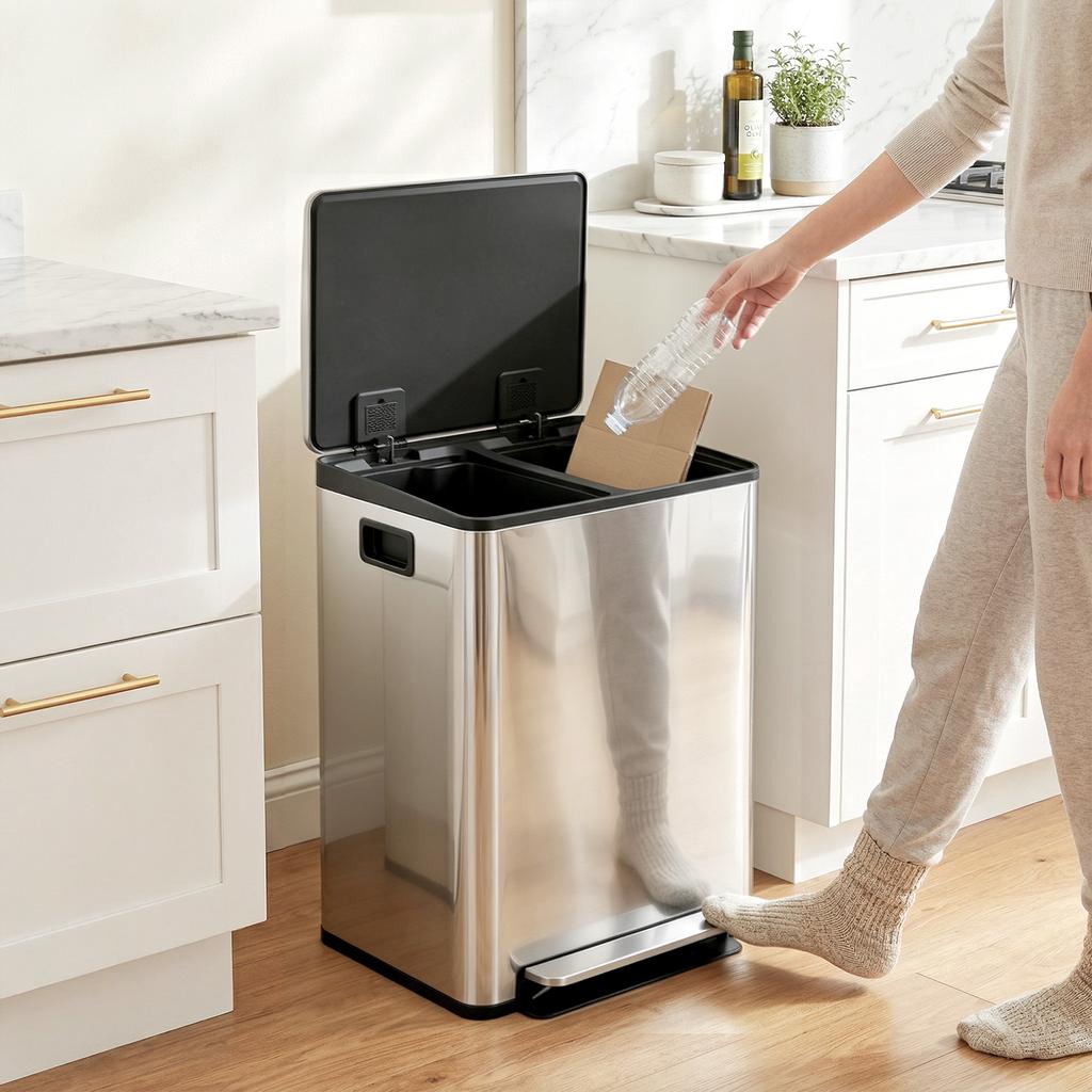 60L Dual Compartment Stainless Steel Bin, with Deodoriser Holders - Silver Tone