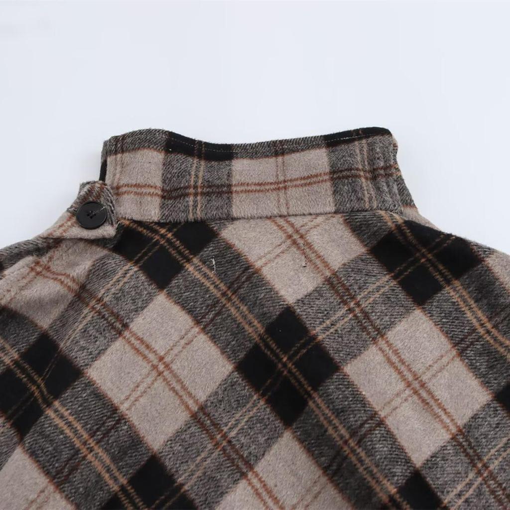 Весна 2025 Женское повседневное пальто-кейп в клетку с высоким воротом и цветными блоками