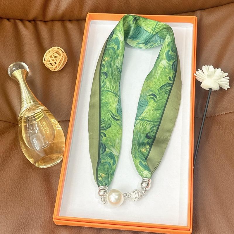 Silk Scarf Women's Spring, Autumn and Summer New Fashion Neck Protection Decoration Long Necklace Type Magnetic Buckle Scarf Small Scarf