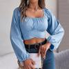 Summer Women's Tie Solid Colour U Neck Casual Long Sleeve Top