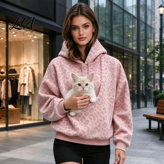 Casual Women Hoodie Leopard Print Pet Carrier for Women, Oversized Hooded Sweatshirt Dog & Cat Carrying, Long Sleeve Pullover Top with Kangaroo