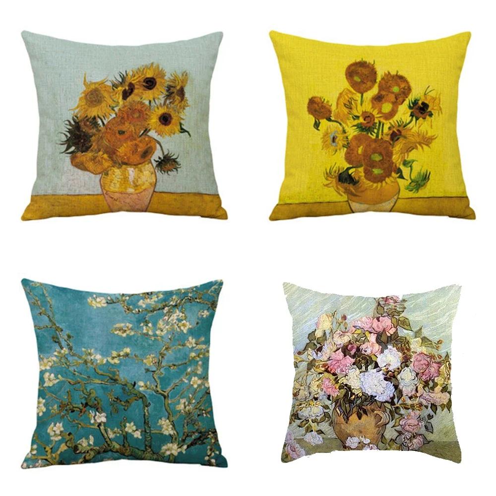 Van Gogh Painting Pillow Case Home Decor Linen Cushion Cover for Sofa Aesthetic Pillow Cover Star Night Sunflower Self-portrait