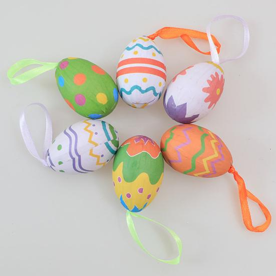 6Pcs Colorful Foam Easter Egg Hanging Decorations with Lanyard Exquisite Patterns Durable Material Simulation Egg Ornaments
