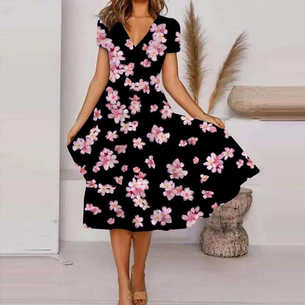 Women's Summer Casual Fashion Floral Print Short Sleeve V-Neck Swing Dress